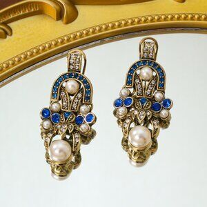 ✨ Artisan Original Design Vintage Glam Blue Rhinestone & Pearl Drop Earrings